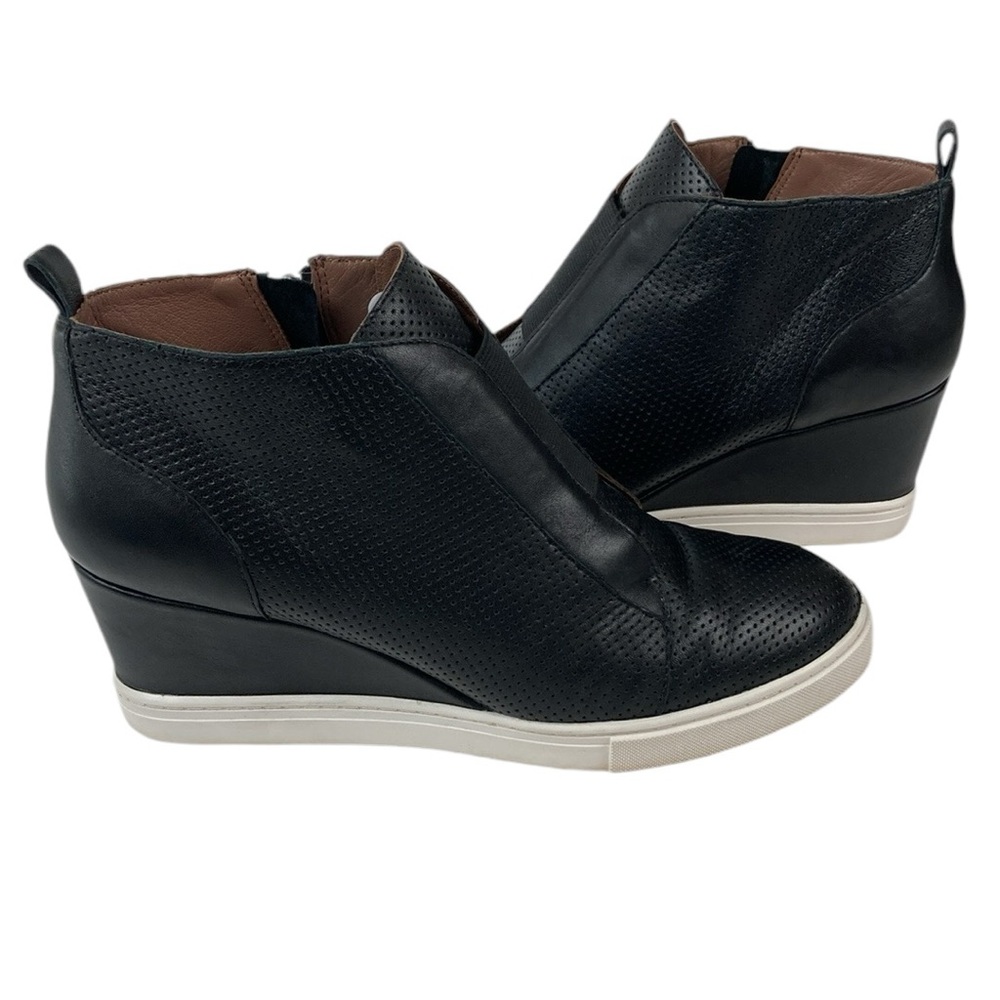 Linea Paolo Felicia Black Perforated Leather Wedge Sneaker, Size 8